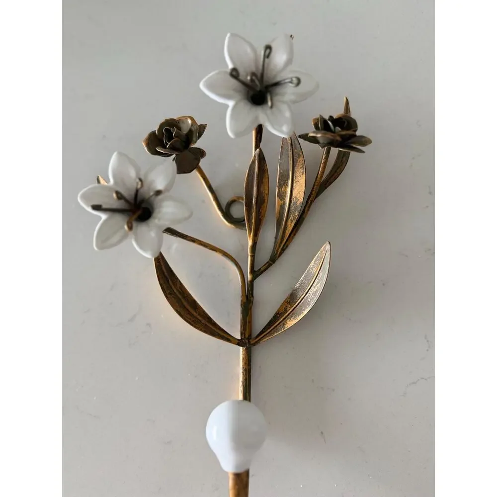 Vintage Italian Tole Wall Hook White Porcelain Lilies Gilt Florentine Decor
